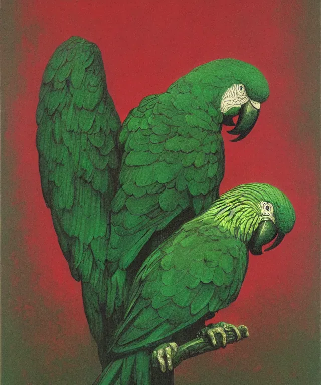 Image similar to beautiful emerald green parrot with red aura and eyes, by zdzisław beksinski, by gustave dore