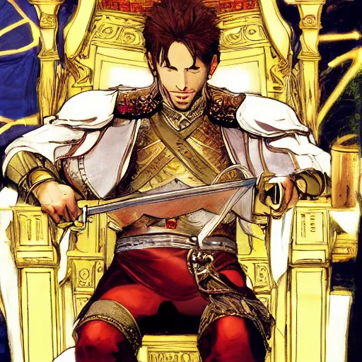 Image similar to modern self portrait of man sitting on throne, legs crossed, while holding a sword, white man, hispanic, brown hair, light skin, golden throne, red robes, 8 k, hi - rez, circles, lamented, clear, brown eyes, colored, sharp, illustrated by yoji shinkawa