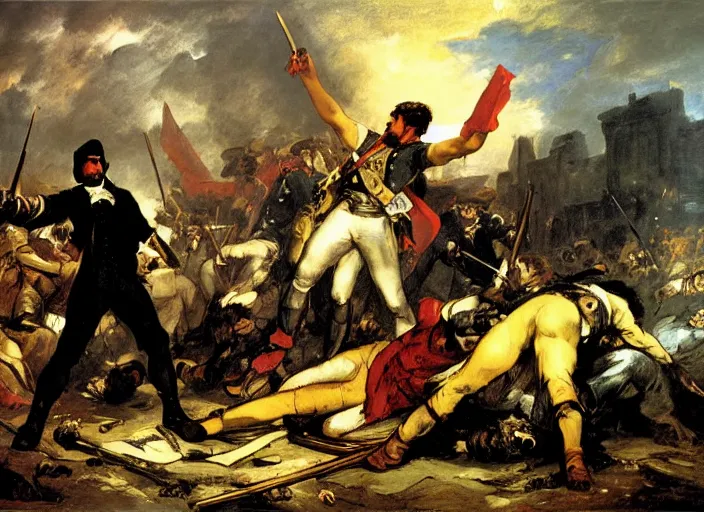 Image similar to romanticism painting of thanos during the french revolution, by eugene delacroix