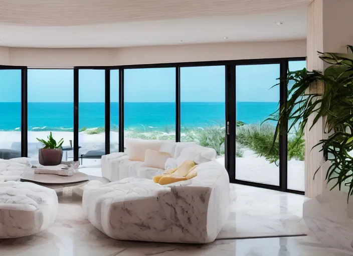 Prompt: interior photo of a modern beach house with a beautiful couch next to a white marble table on top of which there are magnificent flowers, highly detailed, hd, 4k