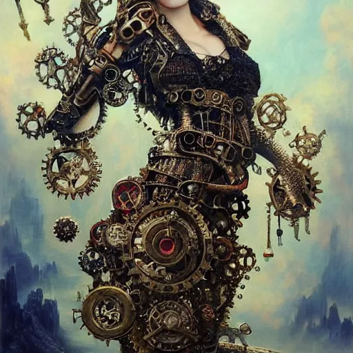Image similar to A steampunk beautiful goddess, she is blonde with red lips, she is embellished with gears wheels and gemstones, by William Holman Hunt, Greg Rutkowski, Stanely Artgerm, Tooth Wu, Peter Gric, Aaron Horkey, trending on Artstation, digital art, mythological, symmetrical artwork, cinematic lighting, hyper realism, high detail, octane render, ultra realistic, golden ratio, 4k, 8k