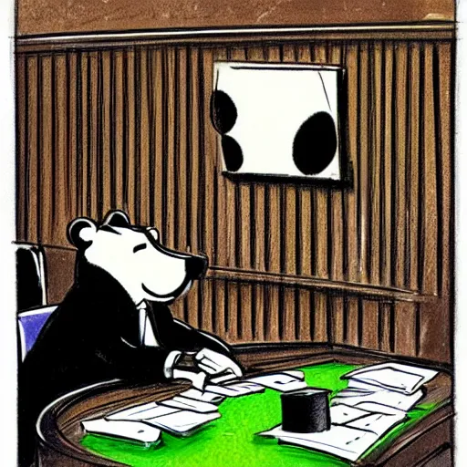 Image similar to detailed background courtroom sketch of vintage cartoon network character yogi gambling bear presenting evidence of copyright that he is satoshi nakamoto