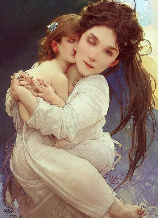 Image similar to a cute little girl with a round cherubic face, blue eyes, and short wavy light brown hair hugging her grandma, an old lady. beautiful painting by artgerm and greg rutkowski and alphonse mucha
