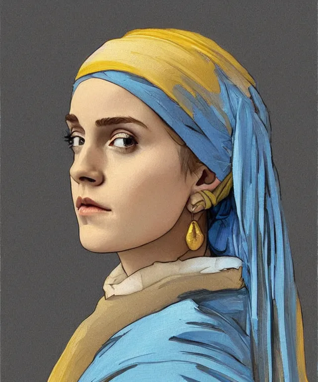 Image similar to Emma Watson as the girl with the pearl earring, highly detailed, digital painting, artstation, concept art, smooth, sharp focus, illustration, ArtStation, art by artgerm and greg rutkowski and alphonse mucha and J. C. Leyendecker and Edmund Blair Leighton and Katsuhiro Otomo and Geof Darrow and Phil hale and Ashley wood and Ilya repin and Charlie Bowater