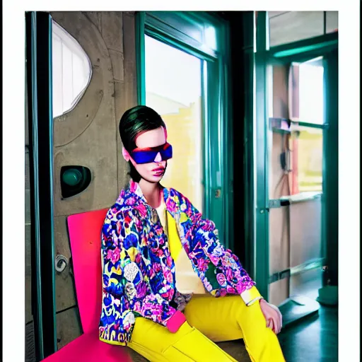 Prompt: a vibrant photograph of a woman with googles, wide shot, in doors, editorial fashion photography, from vogue magazine ( sony a 7 r iv, symmetric balance, polarizing filter, photolab, lightroom, 4 k, dolby vision, photography award )