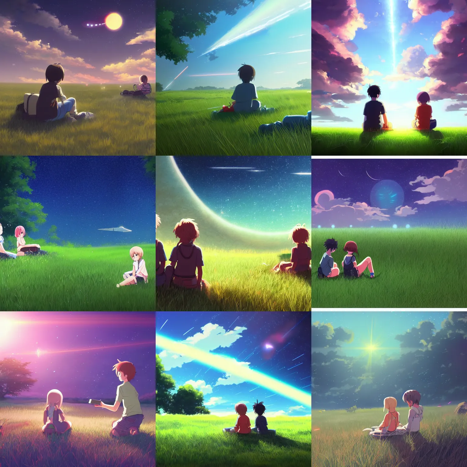 Prompt: beautiful, detailed digital painting of two children sitting on a grass field looking at hundreds spaceships shooting bright lasers in the sky, anime by Makoto Shinkai, trending on artstation