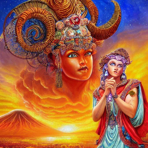 Image similar to a ram goddess checking her cell phone, erupting volcano and sunset in distance in background, flowers in foreground by senior concept artist josephine wall, zodiac, fantasy, acrylic on canvas, intricately detailed, highly detailed, high resolution, hd, 8 k, wallpaper, trending on artstation,