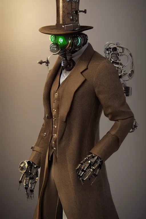 Image similar to a steampunk robot wearing a formal overcoat, portait photo profile picture, hyperrealistic concept art, octane render, unreal engine 5, digital art hi