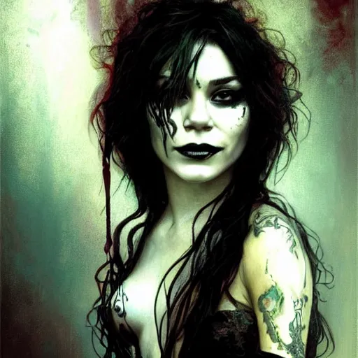 Image similar to beautiful portrait of vanessa hudgens as death from sandman, smiling, by cedric peyravernay, alphonse mucha, by jeremy mann, by lecouffe deharme, goth chic, soft lightning, eyeliner, punk rock, high detailed, 8 k