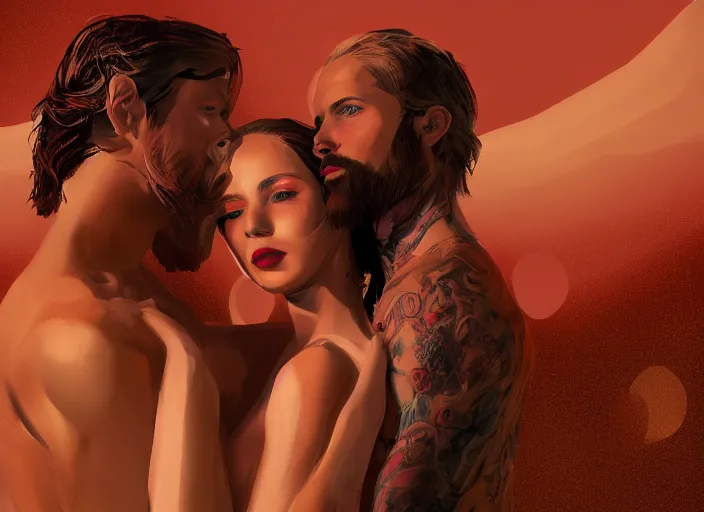 Image similar to couple, man and woman in pose of couple vol 2 photo reference pack for artists, spirit hugs, gold trim, atmoshperic, elegant, sharp focus, red sun, huge lips, poses by satine zillah, environment by hw 6 5 2 3, art by ilya ozornin, artstation, intricate details, concept art