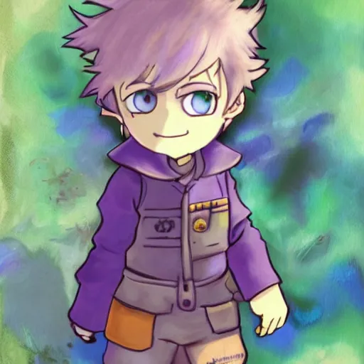 Image similar to little boy wearing an tunic, blonde hair. purple and yellow color palate, detailed soft painting, made in abyss art style, anatomically correct