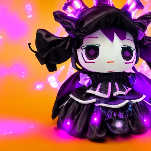 Image similar to cute fumo plush of a elaborately dressed gothic punk princess in black and purple regalia, crown, outline glow lens flare, vray