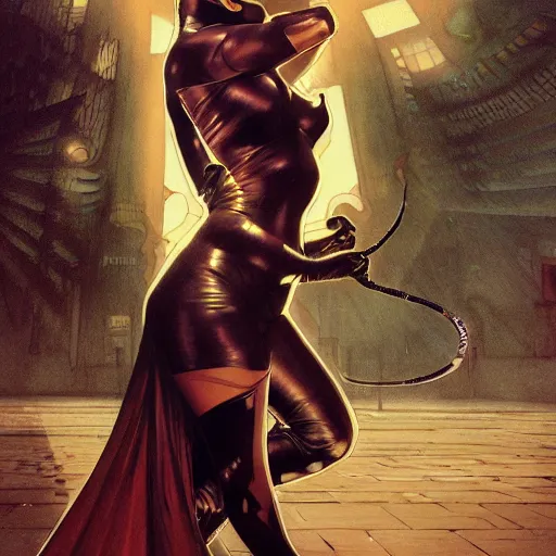 Image similar to Cat Woman, highly detailed, digital painting, artstation, concept art, smooth, sharp focus, illustration, ArtStation, art by artgerm and greg rutkowski and alphonse mucha and J. C. Leyendecker and Edmund Blair Leighton and Katsuhiro Otomo and Geof Darrow and Phil hale and Ashley wood and Ilya repin and Charlie Bowater