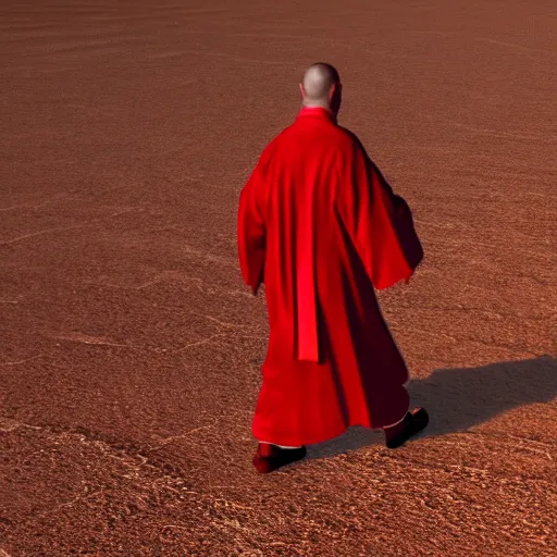 Prompt: an evil priest wearing red robes walking in a desert, sunny weather, gerhard richter, rendered in octane, realistic, 8 k, vivid, intricate, detailed