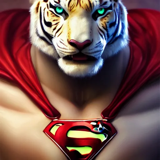 Image similar to a esthetic portrait commission of a muscular antrho albino tiger wearing the superman outfit,hyperdetailed face,character design by charlie bowater,ross tran,artgerm,makoto shibkai,photorealistic,western comic book art,film poster,deviantart,artstation