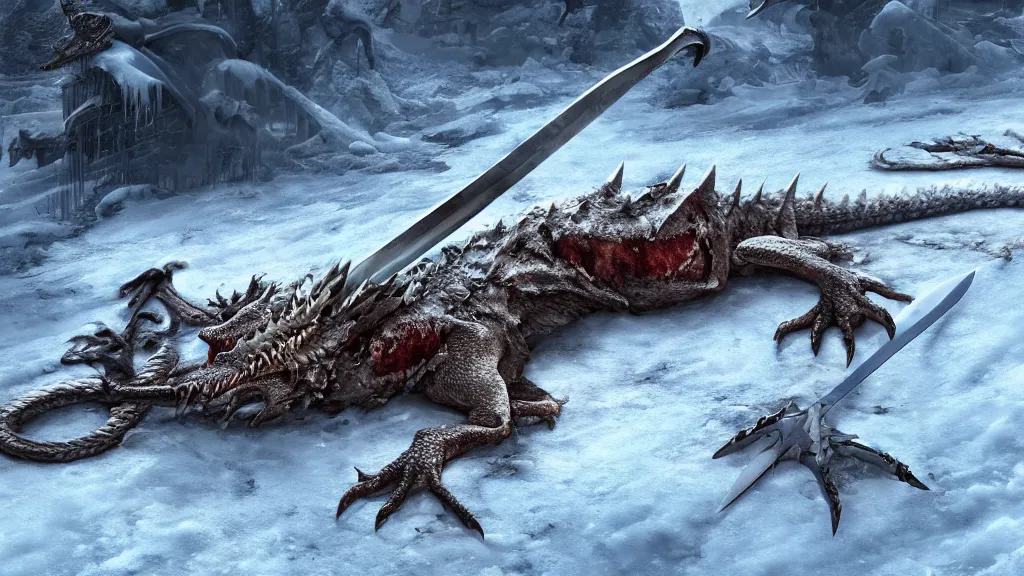 Image similar to A dead dragon was stabbed in the head by a sword and nailed in the ice and snow., high detail, hd, hdr, ue5, ue6, unreal engine 5, cinematic 4k wallpaper, 8k, ultra detailed, high resolution, artstation, award winning
