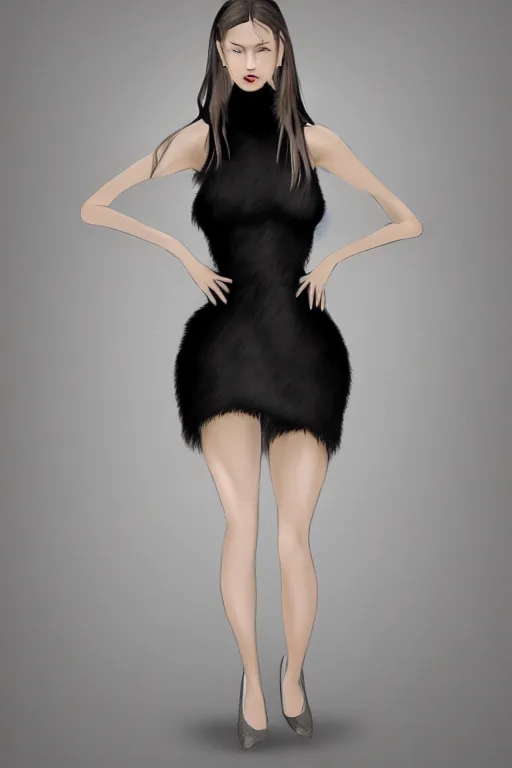 Prompt: full body aesthetic digital illustration of a beautiful young woman in a furry black mini dress, by wlop and Julia Razumova, realistic, Vogue, magazine photography, photorealistic, deviantArt, trending on artstation, artstation HQ