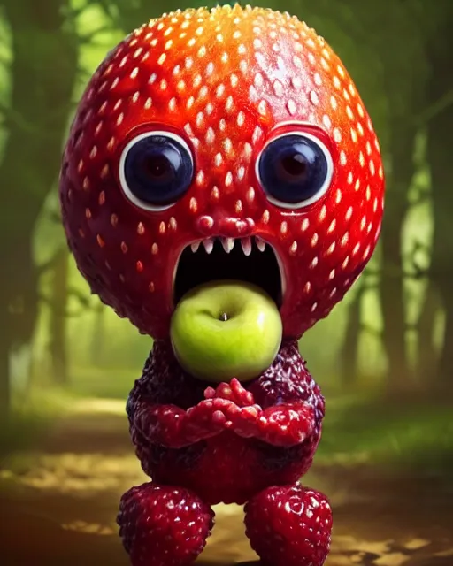 Image similar to portrait of a cute fruit figurine monster made of different fruit, standing in a forest, staring wide open eyes, open mouth, very detailed eyes, trees in the background, sunlight, oil painting, highly detailed, dramatic lighting, hyperrealistic, 8 k, smooth, intricate, artstation, cgsociety, by artgerm, by wlop