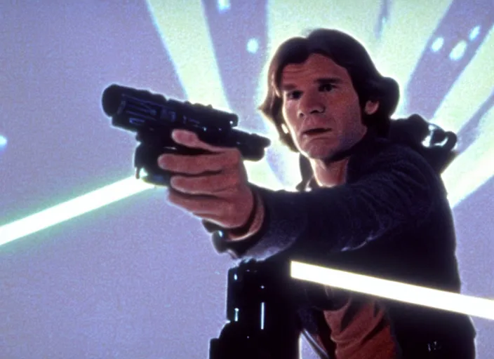 Image similar to screenshot of portrait Han Solo shooting his laser blaster, iconic scene from 1970s film by Stanley Kubrick, the lost Star Wars Film, moody hazy lighting, stunning cinematography, hyper-detailed, crisp, anamorphic lenses, kodak color film stock, 4k