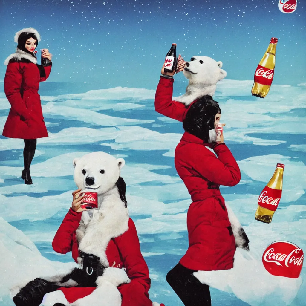 Prompt: woman wearing a parka drinking a bottle of coke in front of an icy polar landscape, polar bear in the far background, coka-cola advertisement, pinup style, retro ad, print advertising, 1960's, trending on artstation