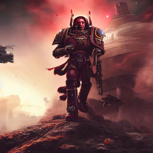 Prompt: a beautiful highly detailed matte painting of Warhammer 40k Space Marine Blood Ravens soldier standing next to a spaceship