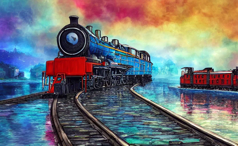 Image similar to A steam locomotive rides along of a waterway on a fantasy city. Fantasy and concept art, colorful digital painting.