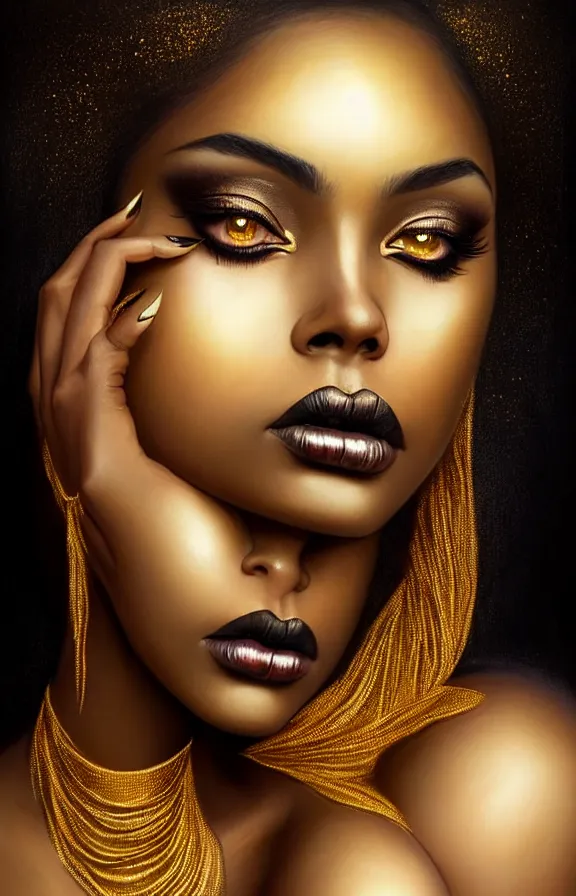 painted woman face. black and gold body-painting. glamour. sharp