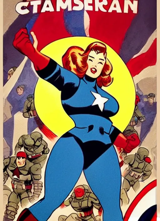 Image similar to plus size female captain america standing on a pile of defeated, beaten and broken ss soldiers. feminist captain america wins ww 2. american ww 2 propaganda poster by rob liefeld and pixar. gorgeous face. pin up. overwatch.