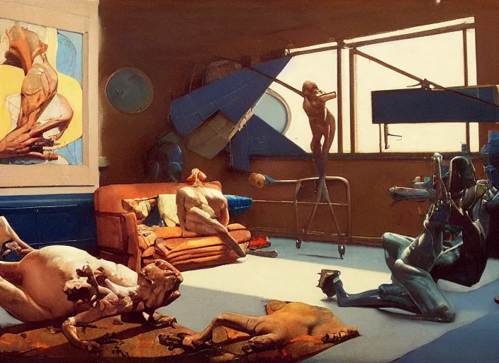 Prompt: a still from the film prometheus by francis bacon, surreal, soft blue and orange living room, norman rockwell and james jean, greg hildebrandt, and mark brooks, triadic color scheme, by greg rutkowski, in the style of francis bacon and syd mead and edward hopper and norman rockwell and beksinski, dark surrealism, open ceiling