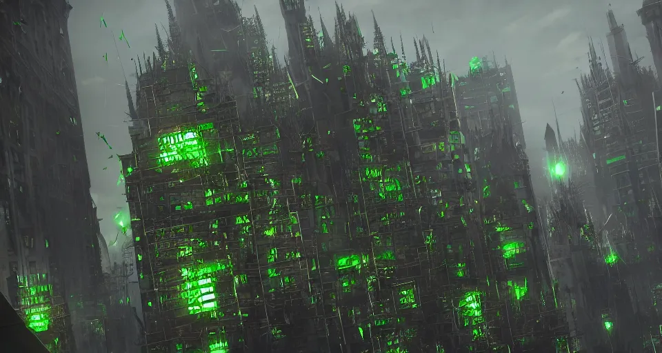 Prompt: giant thick green Spikes grow angular out of the ground in a gothic medieval cyberpunk city, debris flying around, the feeling of grimdark terror and pain, high quality, detailed, 8k, unreal engine, octane render, trending on artstation