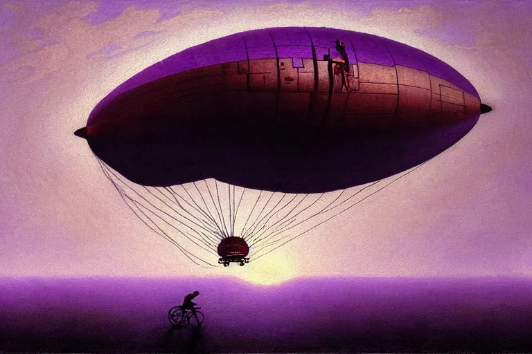 Prompt: kid rides a bicycle waving good bye to the airship at sunset, in the style of beksinski, intricate and epic composition, purple by caravaggio, insanely quality, highly detailed, masterpiece, purple light, artstation, 4 k