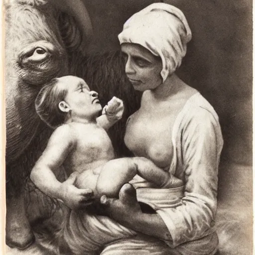 Prompt: human mother nursing a baby with cow teeth