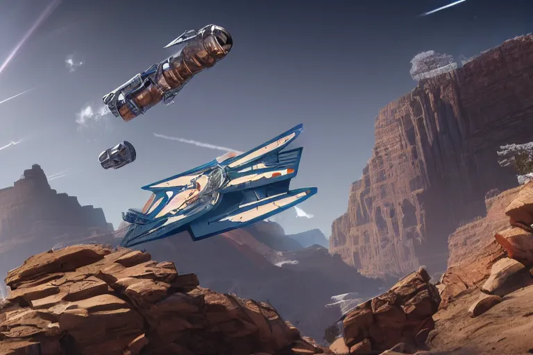 Image similar to spacecraft speed race road into the mountain rocks like grand canyon. Illustration by Blizzard and Ubisoft