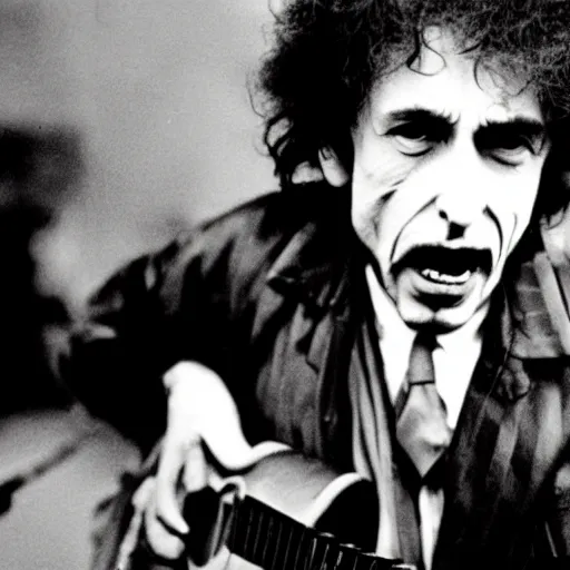 Image similar to rabid bob dylan foaming at the mouth, bloodshot eyes, raised eyebrows, rotten teeth