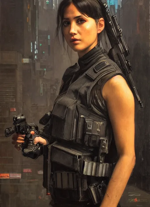 Prompt: 👩🏻🎤. cyberpunk police trooper in a military vest ( blade runner 2 0 4 9, cyberpunk 2 0 7 7 ). orientalist portrait by john william waterhouse and james gurney and theodore ralli and nasreddine dinet, oil on canvas. cinematic, hyper realism, realistic proportions, dramatic lighting, high detail 4 k