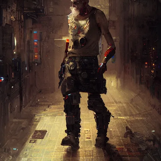 Prompt: russian old veteran in a vest with a cyber prosthesis on his leg cyberpunk art by greg rutkowski