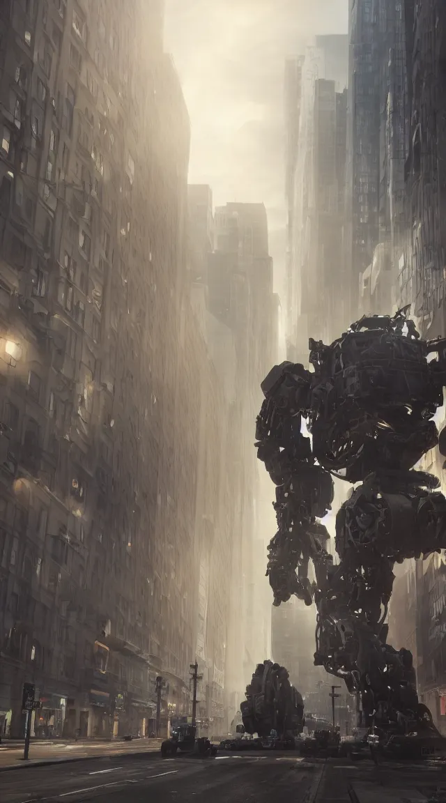 Image similar to hyperrealistic giant robot in city, stunning, realistic, highly detailed attributes and atmosphere, dim volumetric cinematic lighting, 8 k octane extremely hyper - detailed render, post - processing, masterpiece,