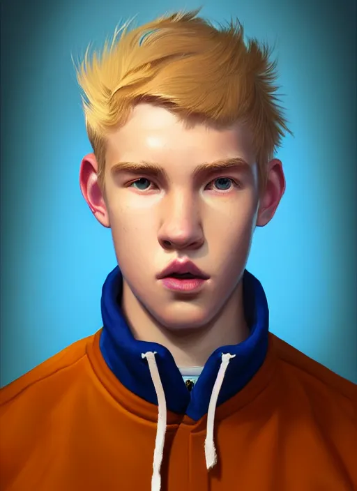 Image similar to portrait of high school senior boy named big moose, blonde short hair, jock, beefy, wide face, square jaw, square facial structure, blue varsity jacket with letter r, intricate, elegant, glowing lights, highly detailed, digital painting, artstation, concept art, sharp focus, illustration, art by wlop, mars ravelo and greg rutkowski