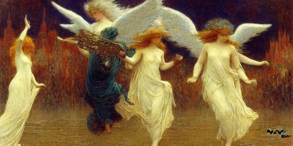 Prompt: a painting of the angel Elubatel moving as you move by gustav moreau, jean delville and  Gaston Bussiere