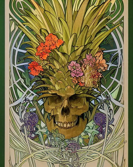 Prompt: Poster of an ancient silve skull with pineapple leaves growing out of the top art surrounded by varities of vines and flowers, cell shading, by Alphonse Mucha, Moebius, hiroshi yoshida, Art Nouveau, colorful, ultradetailed, vivid colour, 3d