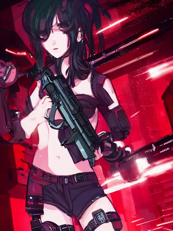 Image similar to a female character with a gun and a red background, cyberpunk art by muqi, featured on pixiv, rayonism, sci - fi, pixiv, official art