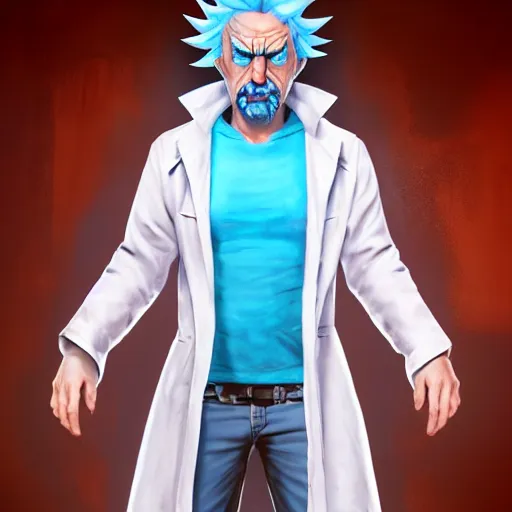 Prompt: Rick Sanchez, perfect eyes, spikey blue hair, white lab coat, full body shot, butcher, fantasy, beautiful face, medieval, vivid colors, elegant, concept art, sharp focus, digital art, Hyper-realistic, 4K, Unreal Engine, Highly Detailed, HD, Dramatic Lighting by Brom, trending on Artstation