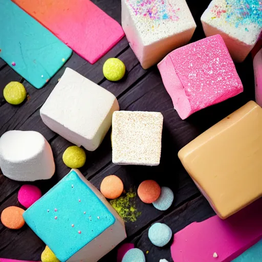 Prompt: photograph of a delicious marshmallow cube with sprinkles on a dark wooden chopping board, pastel colours, hessian cloth, styled food photography, photorealistic, 4 k