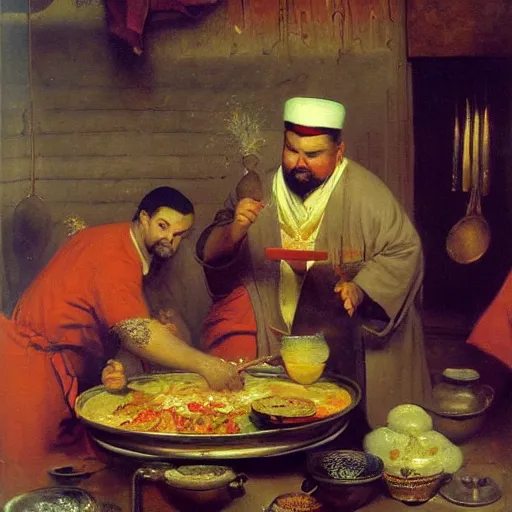 Prompt: orientalist painting of guy fieri cooking over a pot in the bazaar by jean - leon gerome and otto pilny and adrien henri tanoux