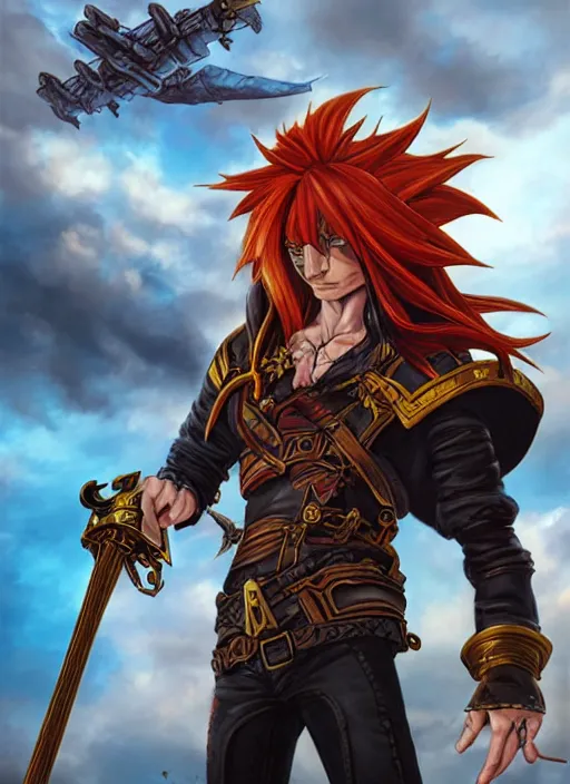 Prompt: An epic fantasy comic book style portrait painting of a long haired, red headed male sky-pirate in front of an airship yu-gi-oh style , unreal 5, DAZ, hyperrealistic, octane render, cosplay, RPG portrait, dynamic lighting