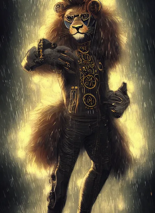 Image similar to award winning beautiful portrait commission of a male furry anthro lion fursona with a tail and a cute beautiful attractive detailed furry face wearing stylish black and gold cyberpunk clothes in a cyberpunk city at night while it rains. Character design by charlie bowater, ross tran, artgerm, and makoto shinkai, detailed, inked, western comic book art
