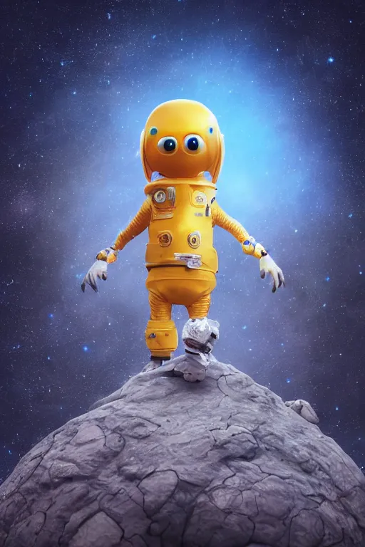 Image similar to a lonely chicken wearing a space suit without helmet in a alien planet, profile picture, digital art, concept art, trending on DeviantArt, highly detailed, high quality, 4K, cartoon, high coherence, path traced, blue sky in the background, octane render, digital painting, no helmet, masterpiece, anatomically correct, hyperrealistic