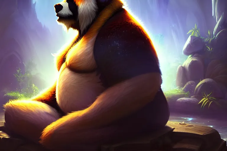 Image similar to [ important ] amazing portrait of a pandaren meditating [ / important ], hearthstone splash art, deiv calviz, splash art, natural light, elegant, intricate, fantasy, atmospheric lighting, by greg rutkowski, hearthstone splash art, hd wallpaper, ultra high details, cinematic composition