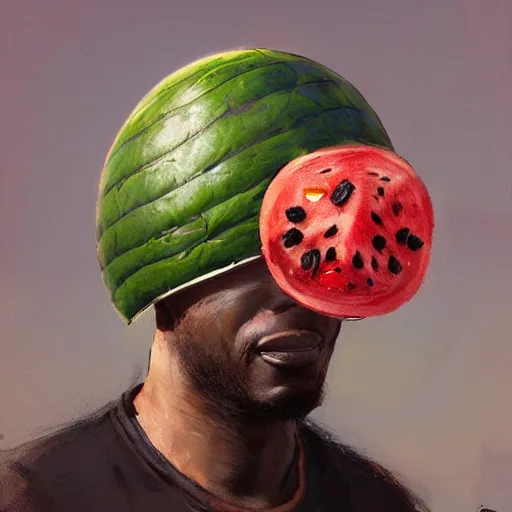 Image similar to front portrait of a funny looking not smiling black guy with a watermelon fruit helmet that covers only the top of his head by greg rutkowski
