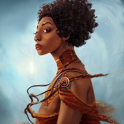 Prompt: a brown skinned woman as a firebender, brown curly hair, elegant, intricate, digital painting, artstation, concept art, smooth, sharp focus, illustration, salvador dali, ancient egypt, art deco, garden, diamonds